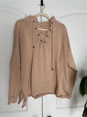 aerie Lace-Up Hooded Pullover Oversized Sweater - Tan Pink